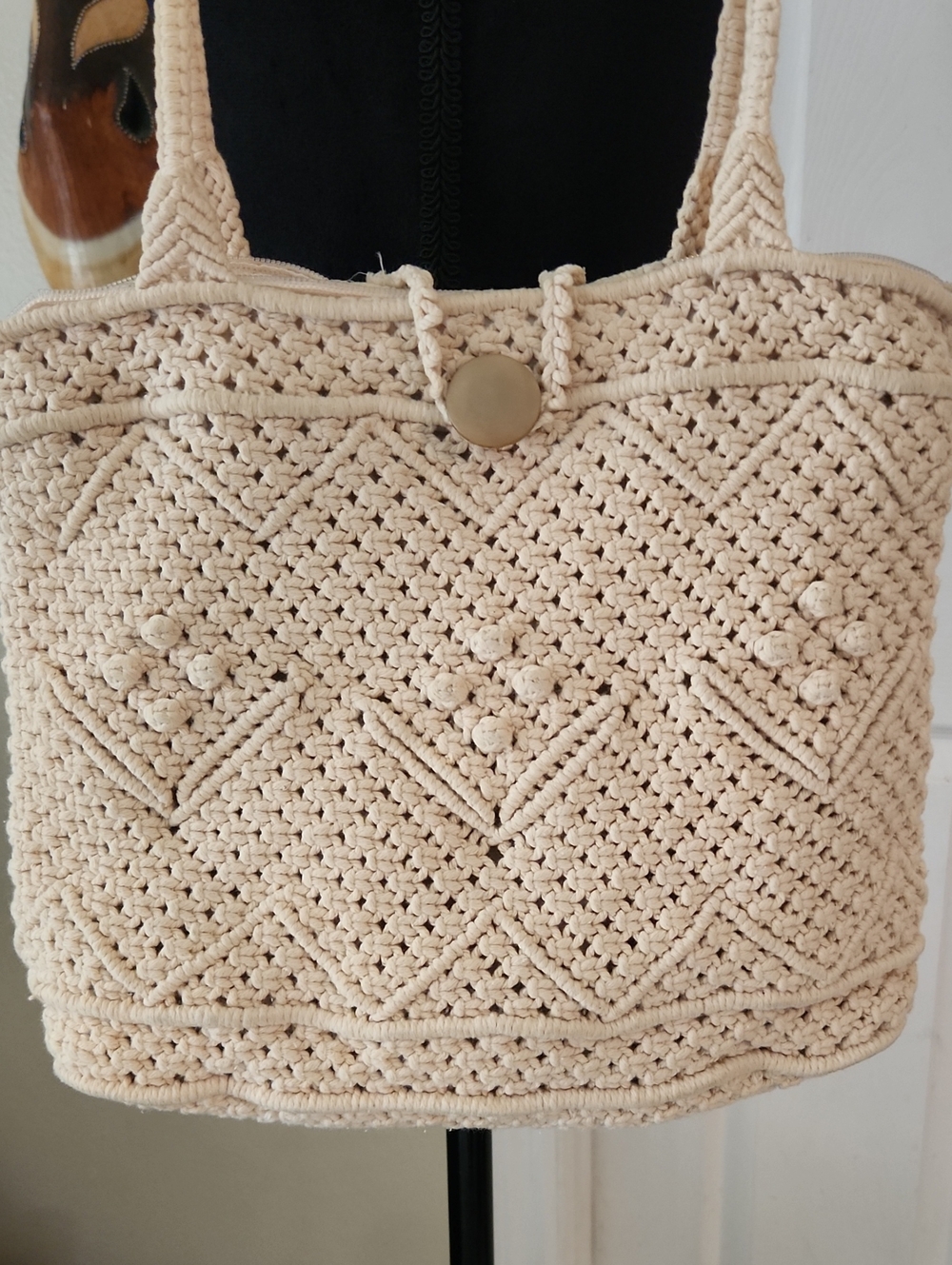 Neutral Crochet Tote Bag with Button Closure